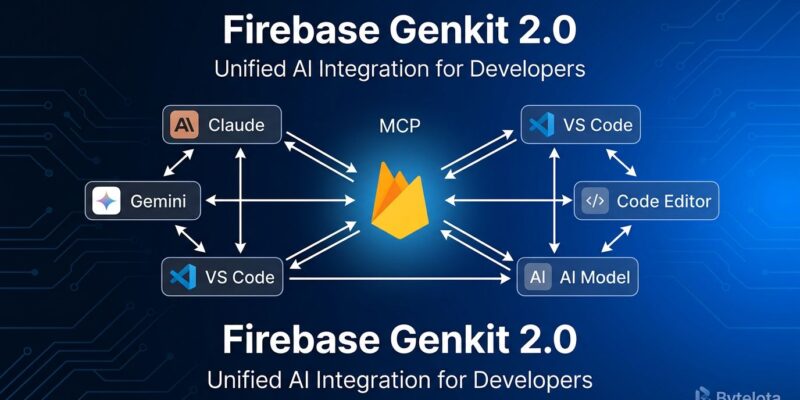 Firebase Genkit 2.0 bidirectional MCP integration diagram showing connections between Firebase and AI agent nodes
