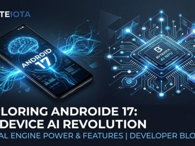 Smartphone displaying Android 17 with Gemini Nano on-device AI inference neural network visualization in blue and white