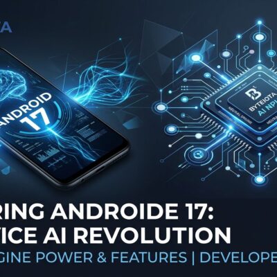 Smartphone displaying Android 17 with Gemini Nano on-device AI inference neural network visualization in blue and white