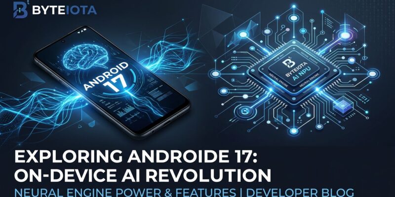 Smartphone displaying Android 17 with Gemini Nano on-device AI inference neural network visualization in blue and white