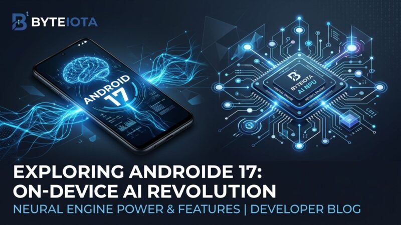 Smartphone displaying Android 17 with Gemini Nano on-device AI inference neural network visualization in blue and white