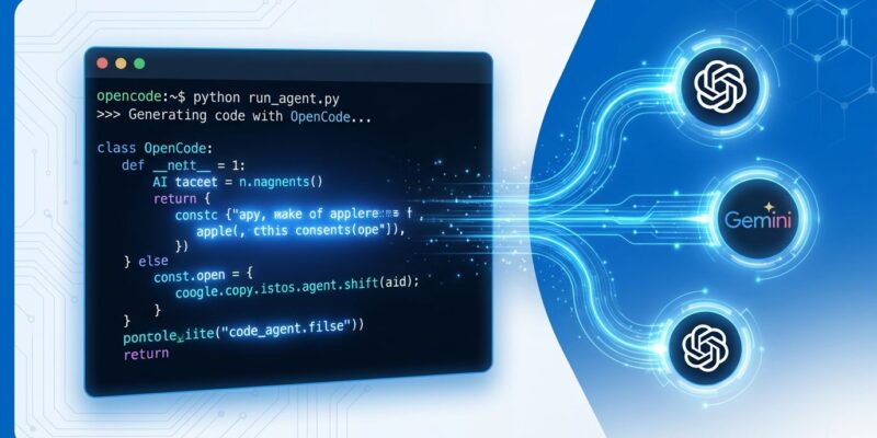 OpenCode terminal interface showing AI coding agent with multiple model providers connected
