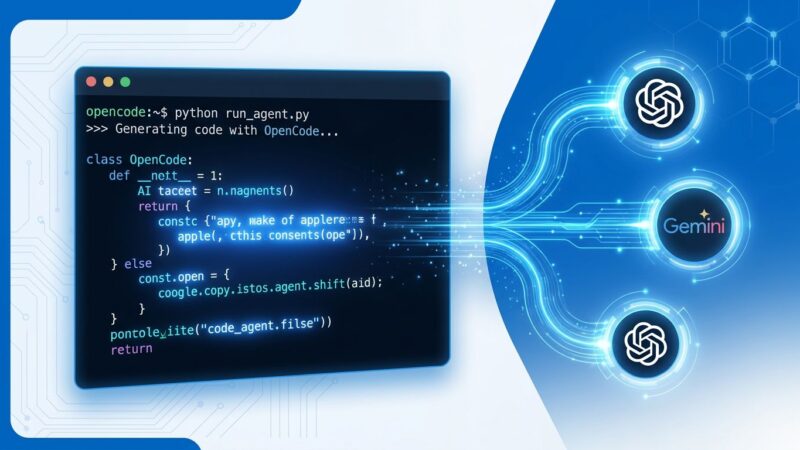 OpenCode terminal interface showing AI coding agent with multiple model providers connected