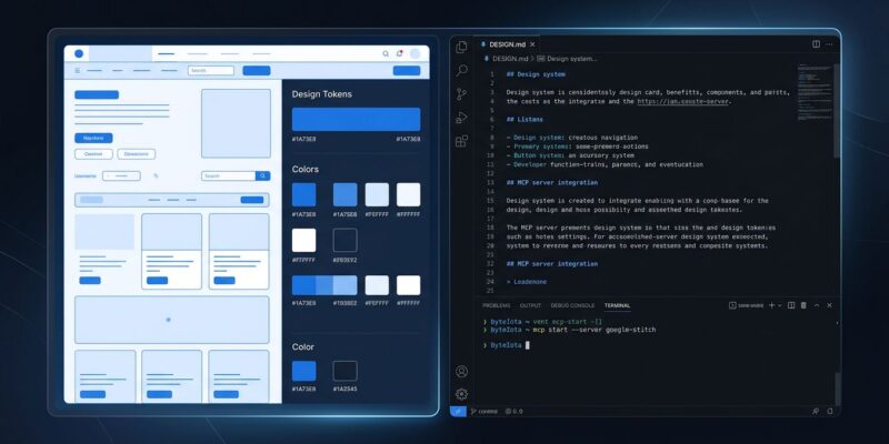 Google Stitch MCP server connecting AI design tool to Claude Code with DESIGN.md workflow visualization
