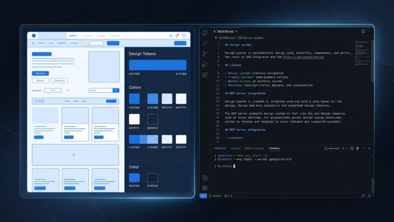 Google Stitch MCP server connecting AI design tool to Claude Code with DESIGN.md workflow visualization