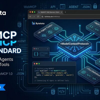 WebMCP web standard diagram showing Chrome browser AI agent tools connected by glowing blue lines to structured APIs