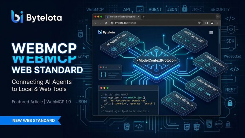 WebMCP web standard diagram showing Chrome browser AI agent tools connected by glowing blue lines to structured APIs