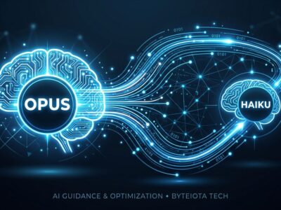 Digital illustration showing two AI brain nodes connected by glowing blue data streams, representing Claude's advisor tool pattern where Opus guides Haiku