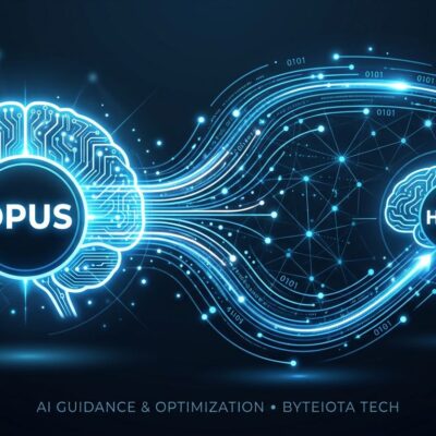 Digital illustration showing two AI brain nodes connected by glowing blue data streams, representing Claude's advisor tool pattern where Opus guides Haiku