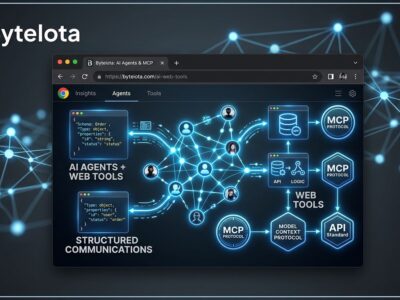 Chrome browser window showing AI agents interacting with structured WebMCP tools and JSON schemas
