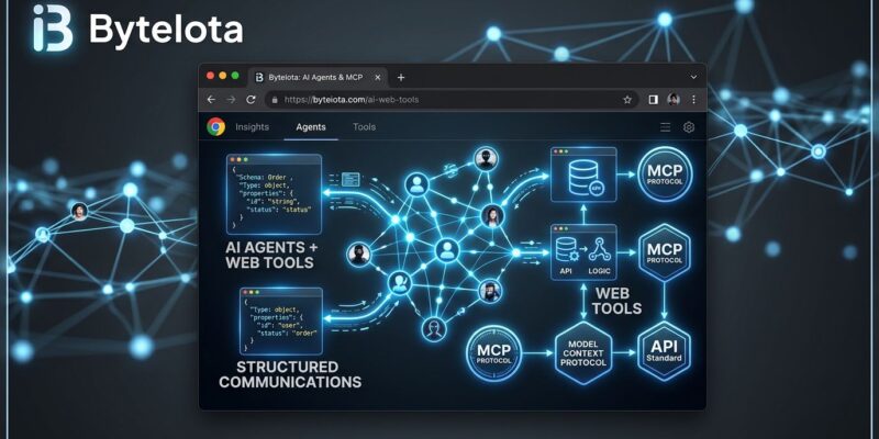 Chrome browser window showing AI agents interacting with structured WebMCP tools and JSON schemas