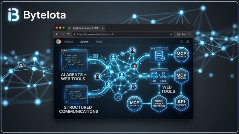Chrome browser window showing AI agents interacting with structured WebMCP tools and JSON schemas