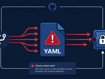 GitHub Actions CI/CD workflow file icon with security alert overlay and attack chain arrows representing the pull_request_target vulnerability