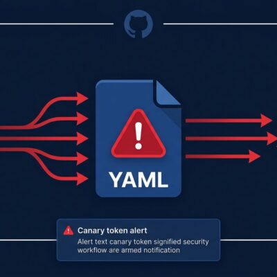 GitHub Actions CI/CD workflow file icon with security alert overlay and attack chain arrows representing the pull_request_target vulnerability