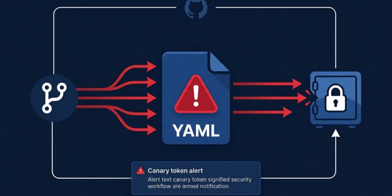 GitHub Actions CI/CD workflow file icon with security alert overlay and attack chain arrows representing the pull_request_target vulnerability