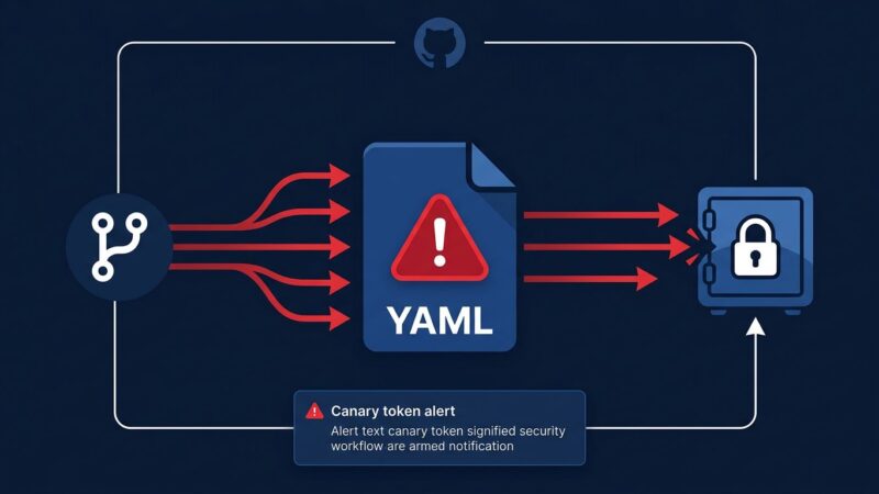 GitHub Actions CI/CD workflow file icon with security alert overlay and attack chain arrows representing the pull_request_target vulnerability