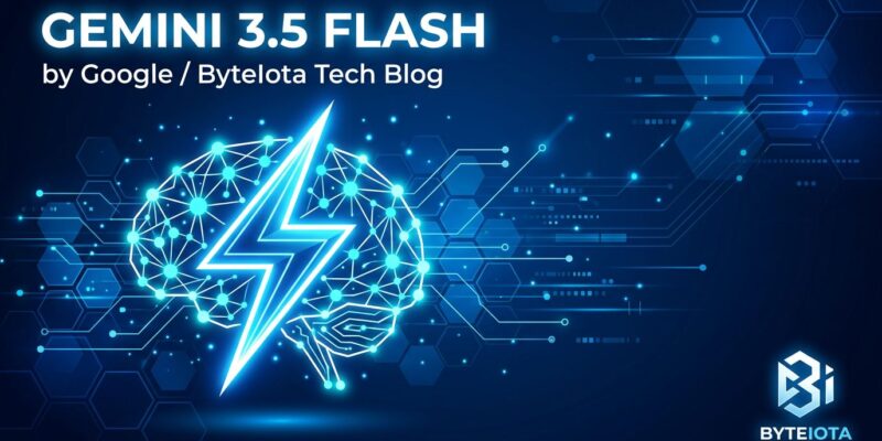 Gemini 3.5 Flash by Google - lightning bolt neural network circuit diagram on blue background representing AI speed and intelligence