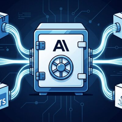 SDK library boxes connected to a central locked vault representing Anthropic acquiring Stainless SDK generator