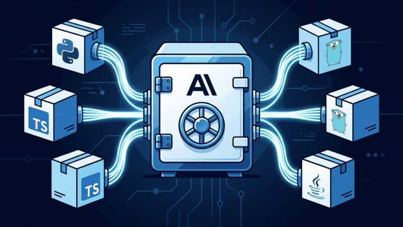 SDK library boxes connected to a central locked vault representing Anthropic acquiring Stainless SDK generator