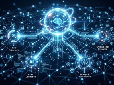 Abstract visualization of multiple AI agents working in parallel — blue and white interconnected nodes on dark background representing Claude Managed Agents multiagent orchestration