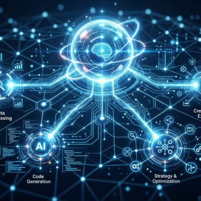 Abstract visualization of multiple AI agents working in parallel — blue and white interconnected nodes on dark background representing Claude Managed Agents multiagent orchestration
