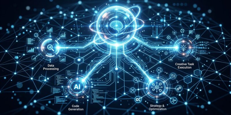 Abstract visualization of multiple AI agents working in parallel — blue and white interconnected nodes on dark background representing Claude Managed Agents multiagent orchestration