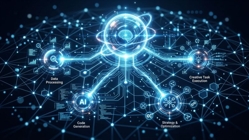 Abstract visualization of multiple AI agents working in parallel — blue and white interconnected nodes on dark background representing Claude Managed Agents multiagent orchestration