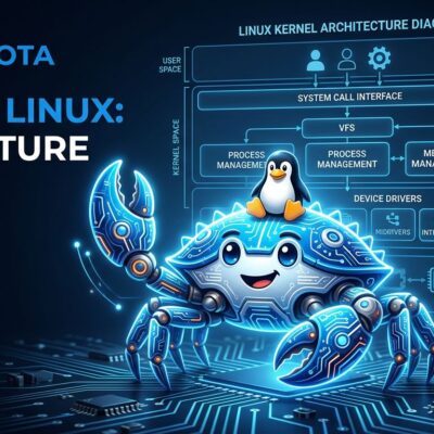 Ferris the Rust crab with Linux penguin hat in front of a kernel architecture diagram - Rust is now stable in Linux kernel 7.0