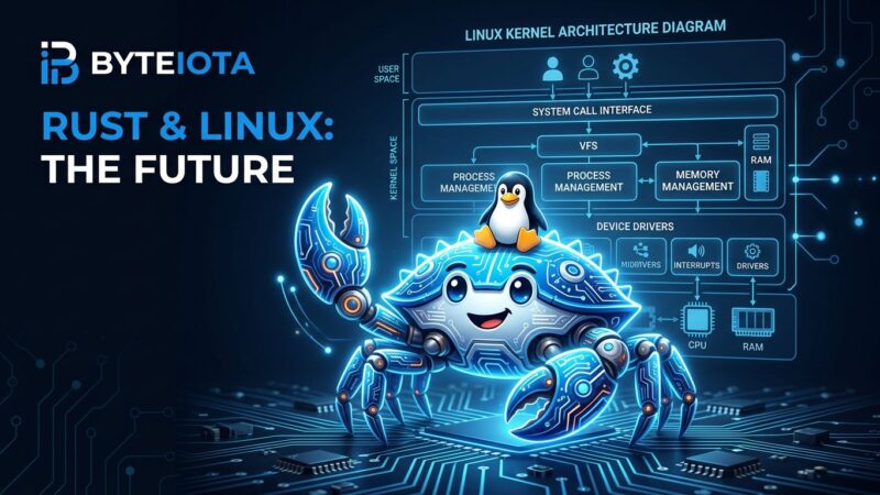 Ferris the Rust crab with Linux penguin hat in front of a kernel architecture diagram - Rust is now stable in Linux kernel 7.0