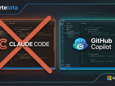 Two code editors side by side representing Claude Code and GitHub Copilot CLI, illustrating Microsoft's decision to switch from Claude Code to Copilot CLI