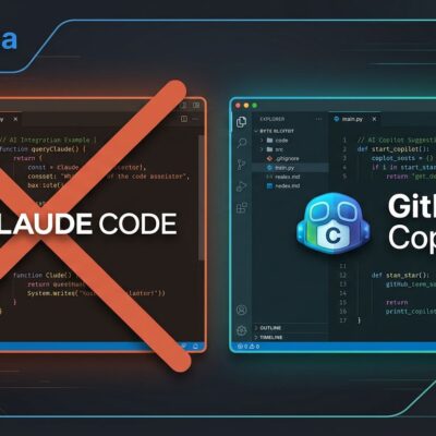 Two code editors side by side representing Claude Code and GitHub Copilot CLI, illustrating Microsoft's decision to switch from Claude Code to Copilot CLI