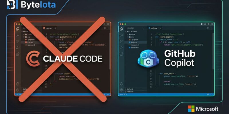 Two code editors side by side representing Claude Code and GitHub Copilot CLI, illustrating Microsoft's decision to switch from Claude Code to Copilot CLI
