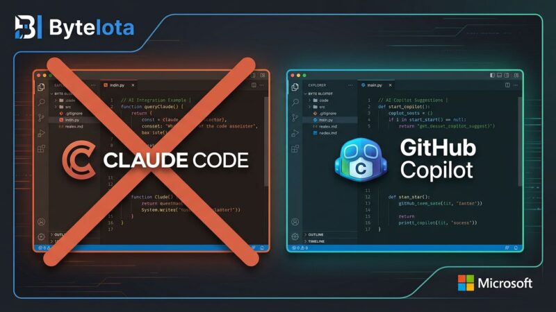 Two code editors side by side representing Claude Code and GitHub Copilot CLI, illustrating Microsoft's decision to switch from Claude Code to Copilot CLI