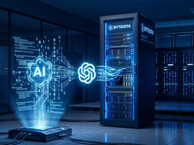 Server rack with blue LED lights representing on-premises enterprise AI infrastructure with OpenAI Codex agent interface