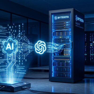 Server rack with blue LED lights representing on-premises enterprise AI infrastructure with OpenAI Codex agent interface