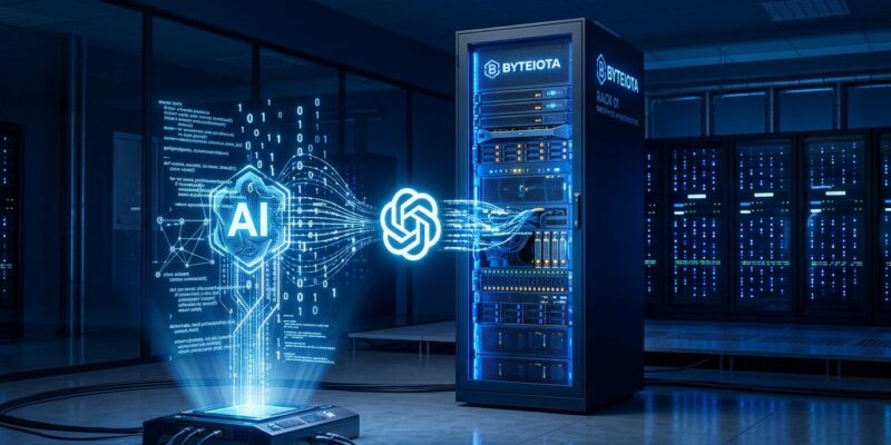 Server rack with blue LED lights representing on-premises enterprise AI infrastructure with OpenAI Codex agent interface