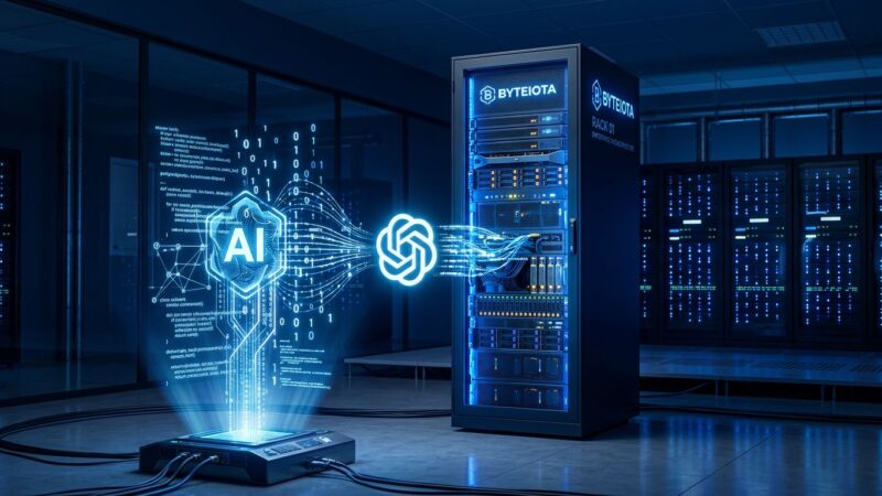 Server rack with blue LED lights representing on-premises enterprise AI infrastructure with OpenAI Codex agent interface