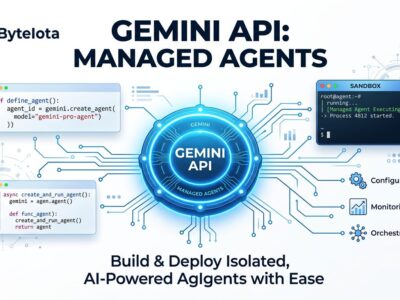 Gemini API Managed Agents: a glowing blue API node connected to Python code snippets and a Linux sandbox terminal icon