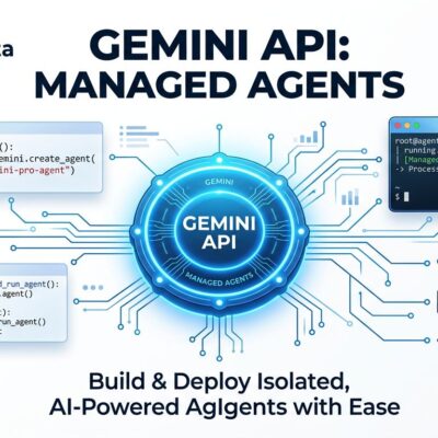 Gemini API Managed Agents: a glowing blue API node connected to Python code snippets and a Linux sandbox terminal icon