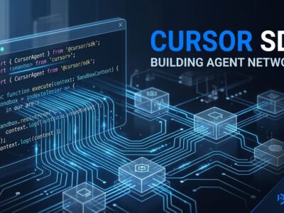 TypeScript code terminal with glowing blue circuit lines forming an AI agent network representing the Cursor SDK infrastructure