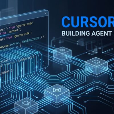 TypeScript code terminal with glowing blue circuit lines forming an AI agent network representing the Cursor SDK infrastructure
