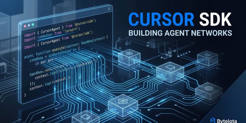 TypeScript code terminal with glowing blue circuit lines forming an AI agent network representing the Cursor SDK infrastructure