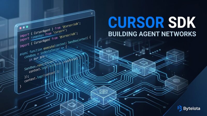 TypeScript code terminal with glowing blue circuit lines forming an AI agent network representing the Cursor SDK infrastructure