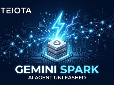 Gemini Spark AI agent glowing blue spark with Google Cloud server and neural network circuit board background