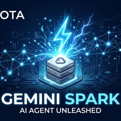 Gemini Spark AI agent glowing blue spark with Google Cloud server and neural network circuit board background