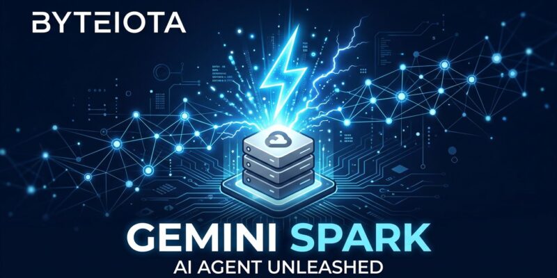 Gemini Spark AI agent glowing blue spark with Google Cloud server and neural network circuit board background
