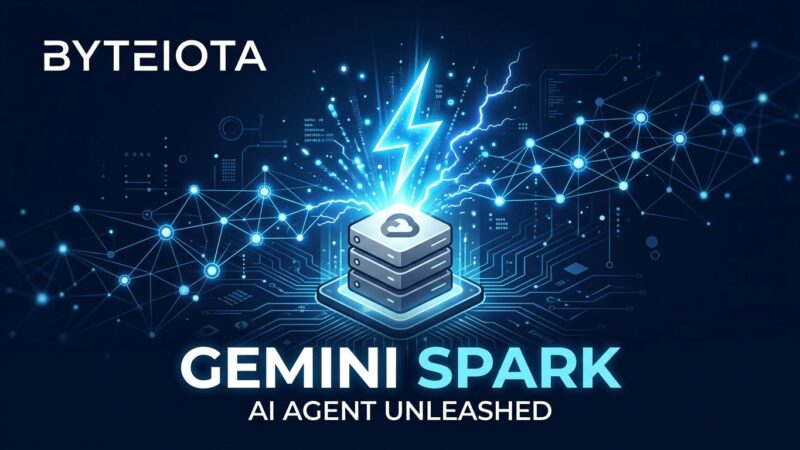 Gemini Spark AI agent glowing blue spark with Google Cloud server and neural network circuit board background