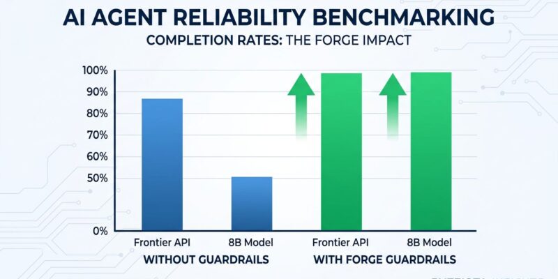 Bar chart comparing AI agent workflow completion rates: 8B local model with Forge guardrails achieves 99% matching frontier APIs