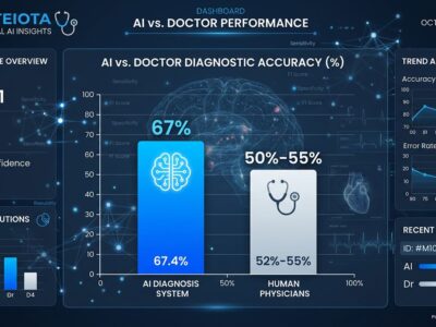 Data visualization showing AI achieving 67% diagnostic accuracy vs doctors' 50-55% in Harvard study