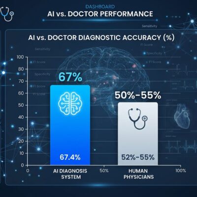 Data visualization showing AI achieving 67% diagnostic accuracy vs doctors' 50-55% in Harvard study